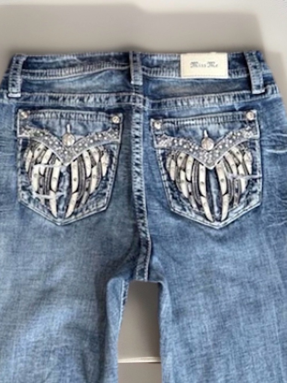 Womens Miss Me Jeans Size 30 Skinny Embellished Y2K Rhinestone angel Wing Blue - Picture 2 of 7
